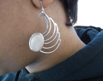 Rose Quartz Earrings, Big Rose Quartz Earrings, Spiral Earrings, silver earrings