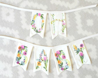 Floral Name Bunting, Custom Name Banner, Personalized, Watercolor, Baby Shower, Birthday, Nursery, Birth Announcement, Wedding, Cake Smash
