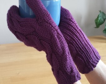 Hand Knit Mittens. Cable Knit Mittens. Colourful Dark Purple Mittens.