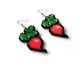 Red Radish Earrings - Food Jewelry, Hook or Clip-On, Geek Gifts, Pixel Jewelry, Nerd Gifts, Mini Perler Beads, Mini Hama Beads