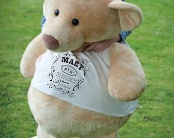 Giant teddy bear. Personalised. Add any text or image to the t shirt. 86cm tall. Gorgeous unique teddy bear. perfect as a gift. romantic.