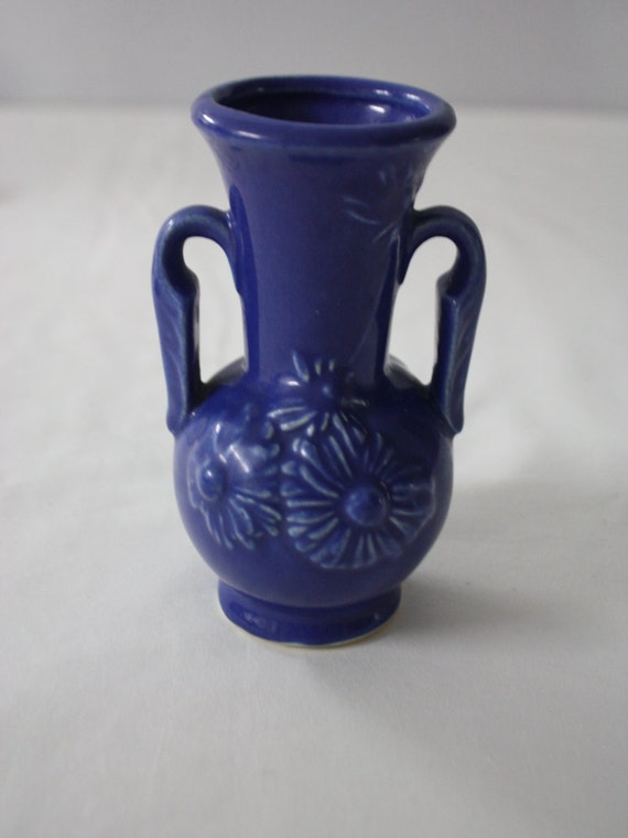Items similar to Vintage Blue USA Marked Pottery Bud Vase Two Handles