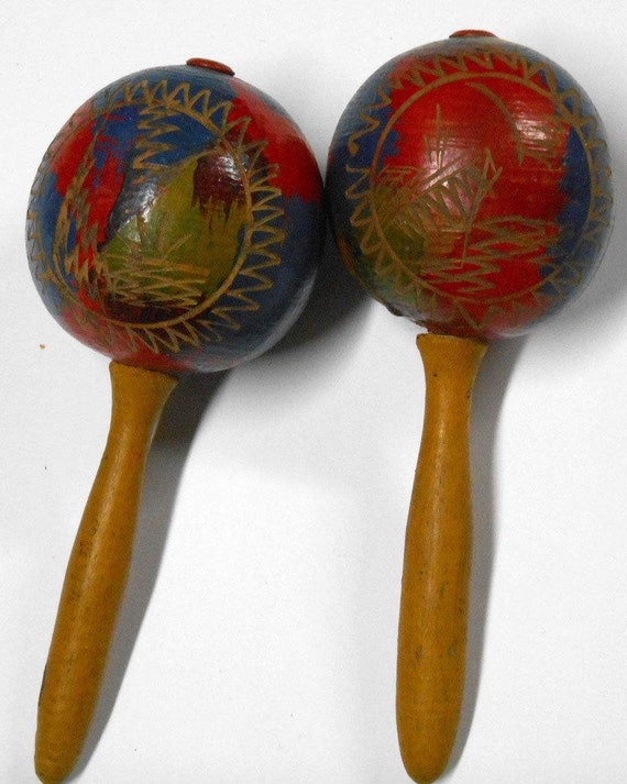 ON SALE Vintage Mexico Maracas hand carved painted Percussion