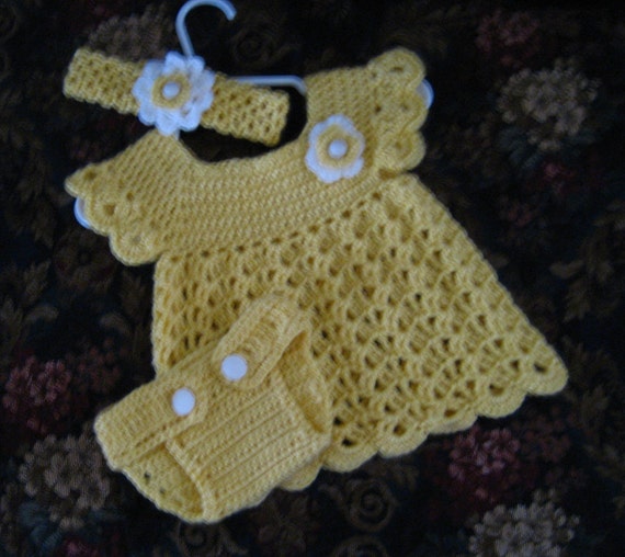 Hand crocheted newborn baby girl dress diaper cover and