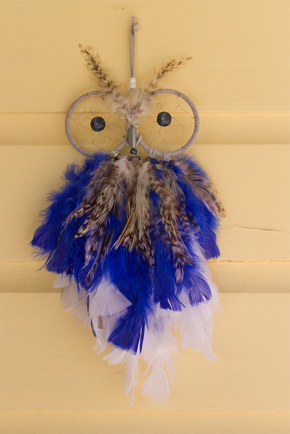 Medium Blue & White Owl Dream Catcher by PrettyBirdGifts on Etsy