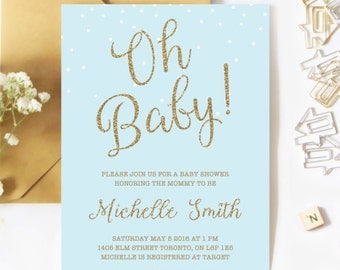 Baby Shower Invitation Boy, Confetti Baby Shower Invitation, Blue And Gold, Glitter, Oh Baby