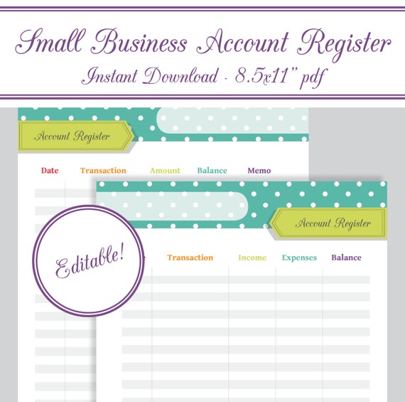 Account Register Printable for Small Businesses EDITABLE PDF