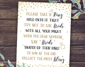 Bridal Shower Game Don't Say Bride, Wedding Shower Ring Game, Printable Sign, Bachelorette Party Activity, Gold Confetti, Take a Bling