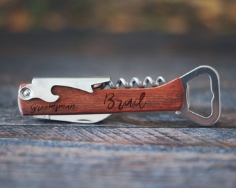 Custom Wooden Corkscrew, Engraved Wine Opener, Best Man Gift, Groomsman Gift,Beer Opener, Wedding Party, Customized Bottle Opener, Wedding