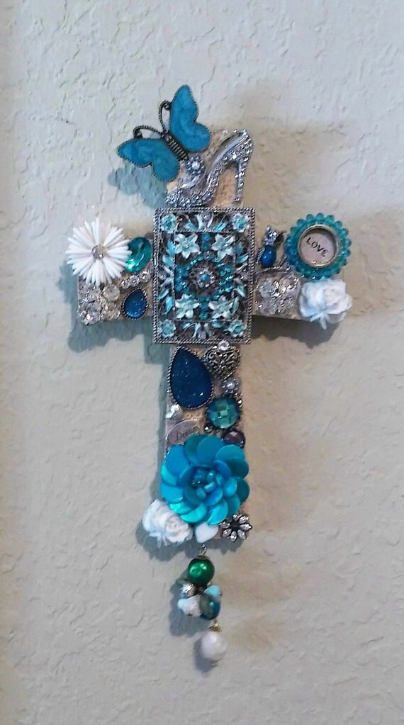 Turquoise Cross Bling Decorated Jeweled Cross Wall Hanging
