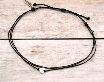 Wax Cord Anklet, Tiny Silver Heart Anklet, Waterproof Wax Cord, Boho Surfer Anklet, Beach Anklet, Adjustable Waterproof Anklet, Custom Color