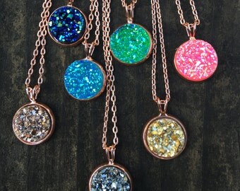 Rose gold Druzy Necklace, rose gold necklace, rose gold druzy, Faux Druzy Necklace, Druzy Pendant, Boho Jewelry, Druzy Necklace
