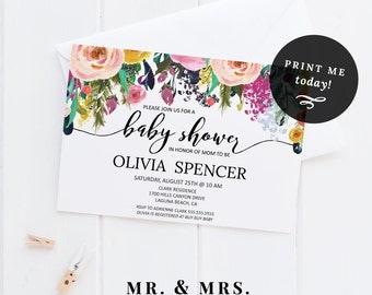 Baby Shower Invitation | Editable Baby Shower Template | DIY Instant Download Watercolor Floral Baby Shower Invitation | MAM106_H