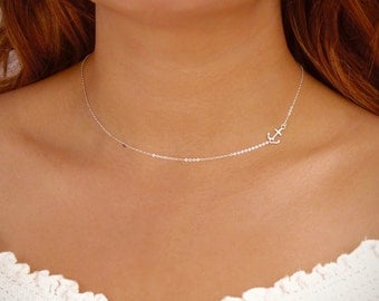 Small Sideways Anchor Necklace, Delicate Anchor Choker Necklace, Silver Nautical Jewelry, Rose Gold Anchor Jewelry, Thin Gold Chain