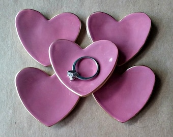 Bridal Shower Baby shower favors ceramic hearts FIVE Dusty Rose Ceramic Heart ring bowls itty bittys edged in gold