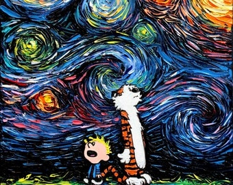 Calvin and Hobbes Art - Starry Night Giclee print What If van Gogh Had An Imaginary Friend by Aja 8x8, 10x10, 12x12, 20x20, and 24x24 choose