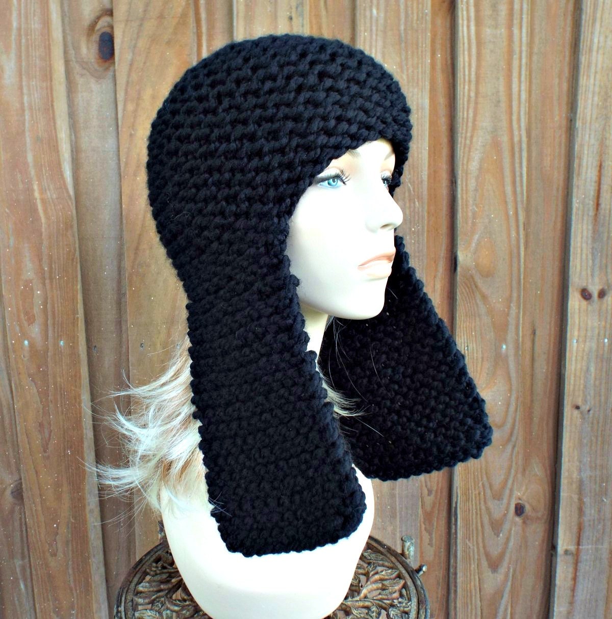 Black Knit Hat Black Womens Hat Black Ear Flap Hat Black