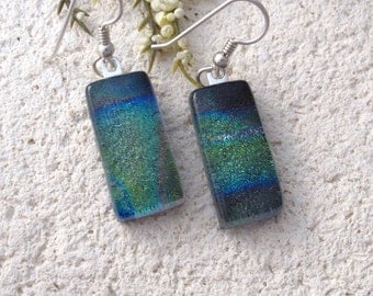 Green Blue Earrings, Dangle Drop Earring, Dichroic Earrings, Fused Glass Earrings, Dichroic Glass Jewelry, Sterling Silver, 091816e101