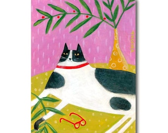 ORIGINAL cat folk art painting FERN CAT tuxedo black and white cat on table by Tascha 8x6