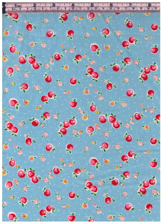 HALF YARD Yuwa Petite Apples Cherries and Flowers on BLUE