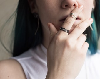 Constellation Ring, Oxidized Silver Ring, Black Ring For Her, Unique Ring Band, Brushed Silver RIng