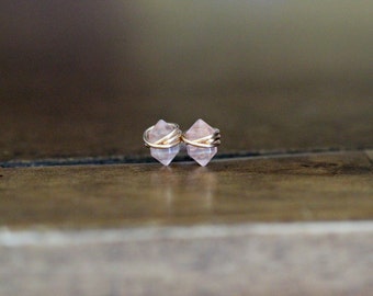 Rose Quartz Studs , Petite Blush Pink Gemstone Post Earrings in Gold , Rose Gold , Sterling Silver , Geometric Natural Stone - Pike