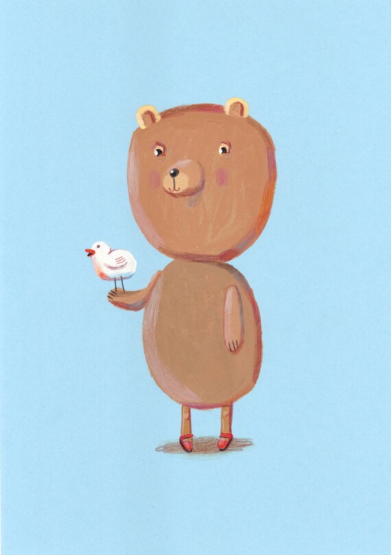 teddy bear with a bird Original illustration wall decor