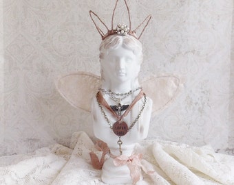 Shabby Cottage Chic Distressed Assemblage Art Doll Angel Statue