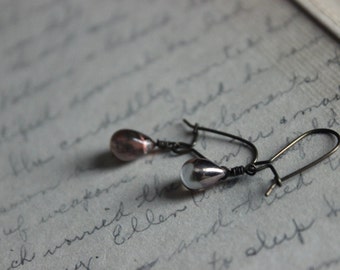Ambrosia. Minimal Petite Czech Glass Rose Peach Gold Droplet and Antiqued Brass Earrings.