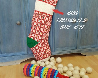 Customized Knitted Christmas Stockings Red White green, Fair Trade Knit Christmas Stockings, Handmade Christmas Stocking, knit xmas Stocking