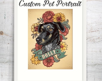 Pet portrait custom dog portrait art print stylized tattoo cat illustration puppy portrait 8x10 print with flowers pet lover gift dog cat