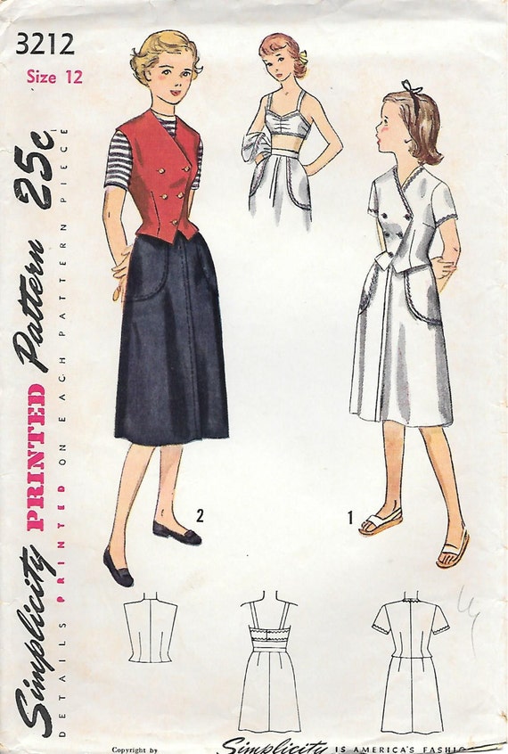 Simplicity 3212 1950s Tweens Skirt Jacket Weskit and Bra