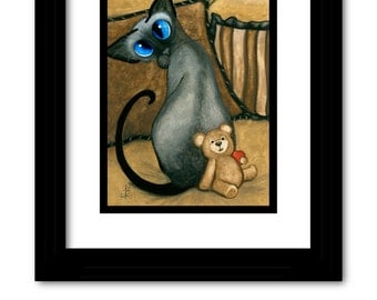 Siamese Cat Teddy Bear Valentine Heart Art - Original Painting by AmyLyn Bihrle ck395
