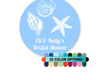 Sea Shells - Personalized Round Bridal Shower / Wedding Sticker Labels - Available in 8 Different Sizes - 20 Background Colors