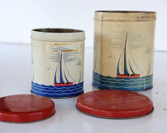 2 Sailboat Tin Containers Kitchen Coffee Nick Nack Cubby Artist Curiosity Gift Idea Office Garage Lithograph Red Lid Ocean Art Deco Regatta