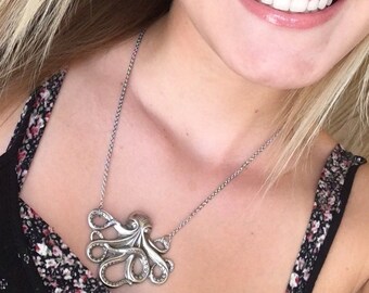 Octopus Necklace Silver Octopus Jewelry Nautical Necklace Tentacles Statement Necklace Unisex Necklace Octopus Pendant Antiqued Octopus Gift