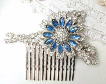 OOAK 1920 Antique Sapphire Blue Bridal Hair Comb Navy Art Deco Pave Rhinestone Vintage Headpiece Gatsby Wedding Hairpiece Something Blue Old