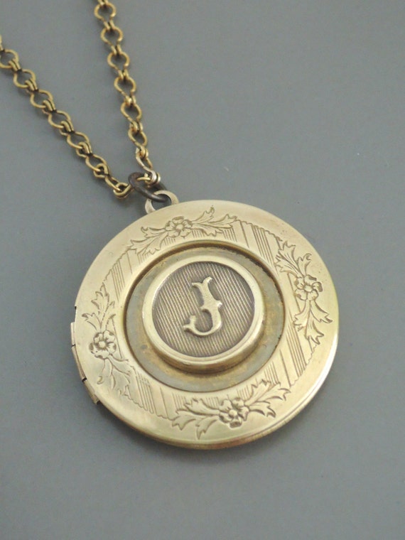 Locket Necklace Initial Necklace Letter J Vintage Brass
