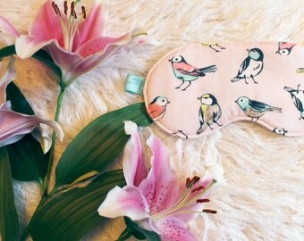 Pastel Pink 'Song Bird' Sleep Mask in Pink Aqua Blue and Yellow Handmade to Order