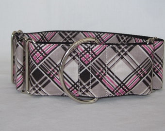 Plaid Martingale Dog Collar - 1.5 or 2 Inch - pink cream black