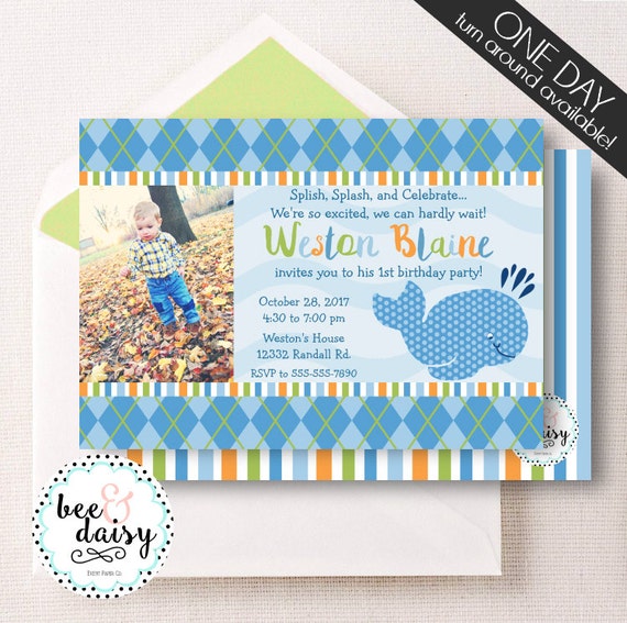 Whale Birthday Invitation, Whale Invitation, Whale Party, Boy First Birthday, Boy Birthday, Whale Photo Invite, Under the Sea Invitation Il_570xn