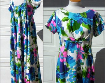 Classic Style Blue Ferns Muumuu With Black Ruffle / 464