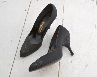 1960s Mademoiselle Black Embroidered Heels, Size 6B, with Original Box