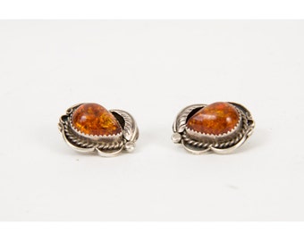 Vintage squash blossom earrings / Sterling silver and amber clip on earrings