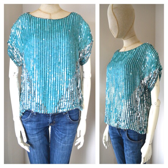 Vintage 1970s Silk and Sequins Top Light Blue and Silver Shiny