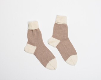 Handmade knitted socks - caramel beige and warm white - knitting home socks