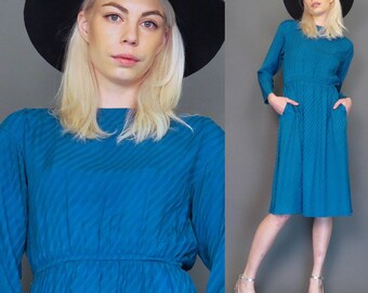 vintage 80s turquoise silk dress // secretary // boho dress // striped