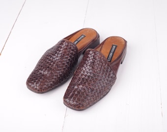 Vintage Sesto Meucci Brown Woven Leather Mules, Made in Italy, Womens 5 / ITEM311
