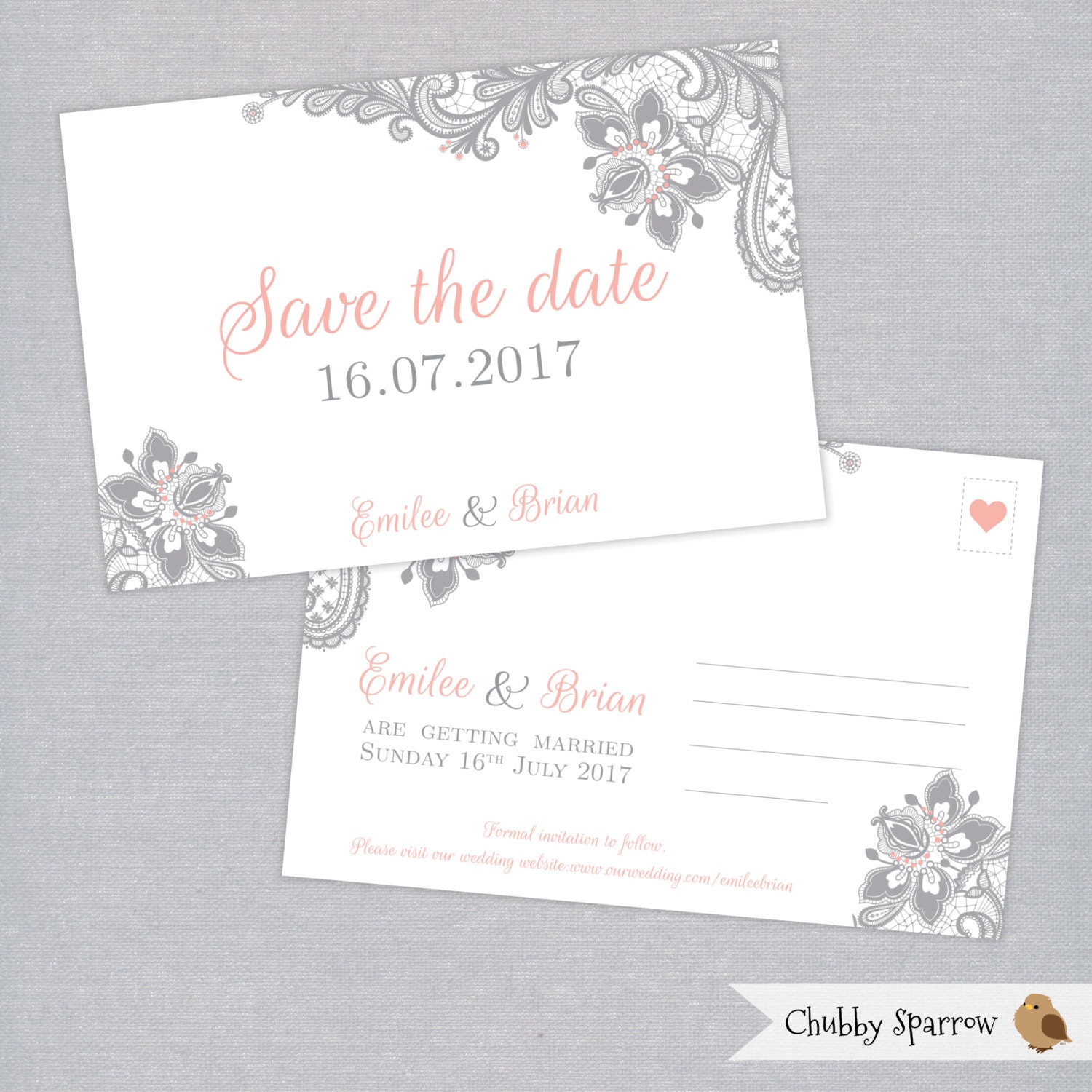 Grey Lace & Linen Wedding Invitation Engagement Pink Save