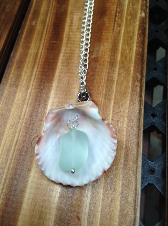 Real Clam Shell Pendant Necklace Seashell With sea glass